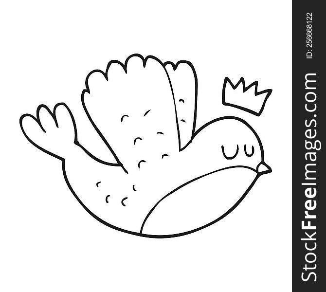 freehand drawn black and white cartoon flying christmas robin with crown