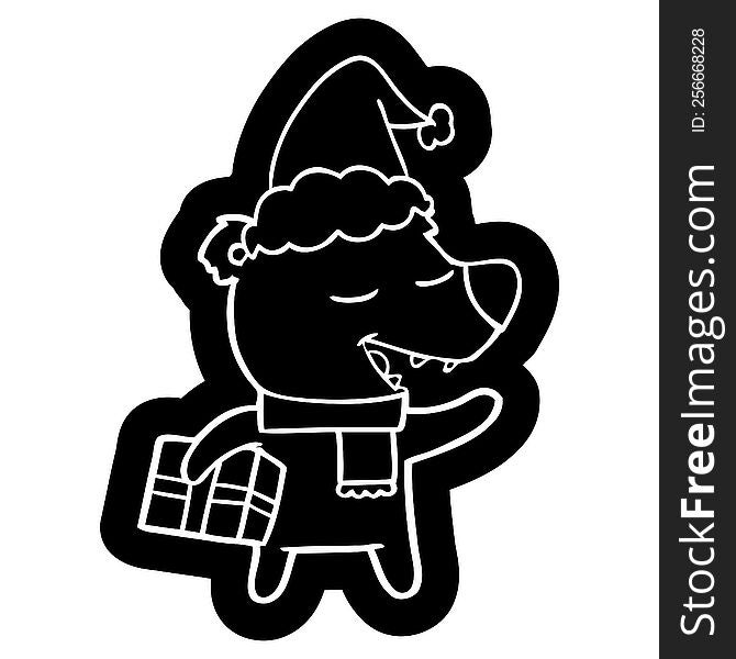 Cartoon Icon Of A Bear With Present Wearing Santa Hat