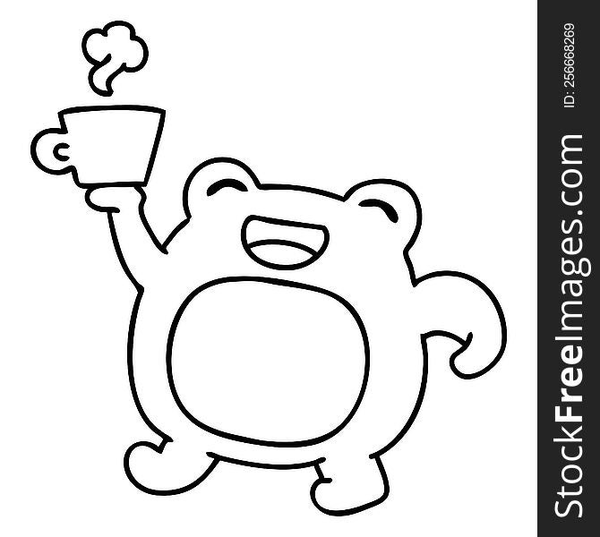 line doodle of a happy frog with morning coffee. line doodle of a happy frog with morning coffee