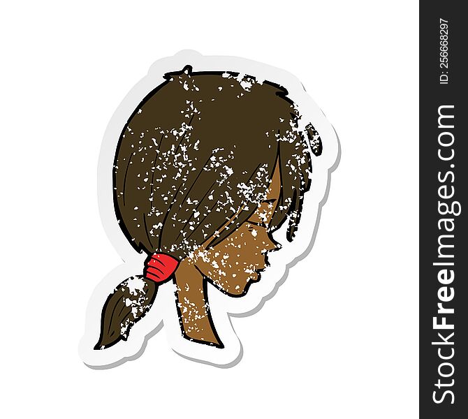 retro distressed sticker of a cartoon girl looking thoughtful