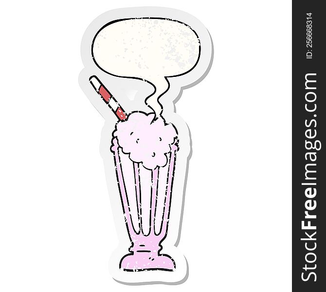 cartoon milkshake with speech bubble distressed distressed old sticker. cartoon milkshake with speech bubble distressed distressed old sticker