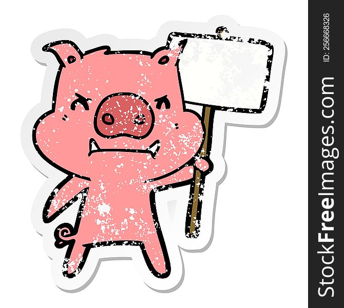 Distressed Sticker Of A Angry Cartoon Pig Protesting