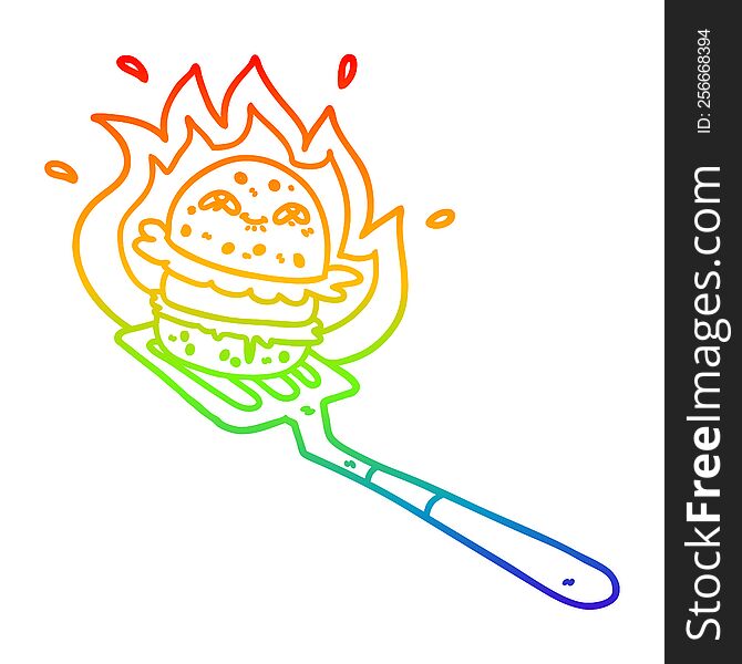 rainbow gradient line drawing of a cartoon burger cooking