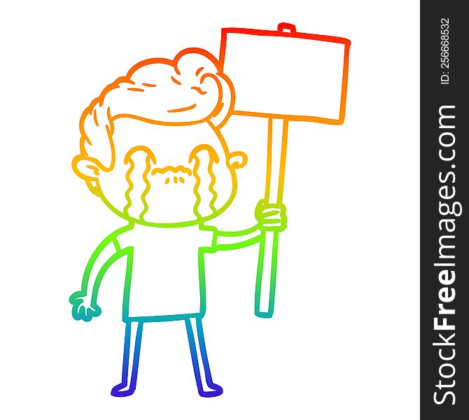 rainbow gradient line drawing of a cartoon man crying holding sign