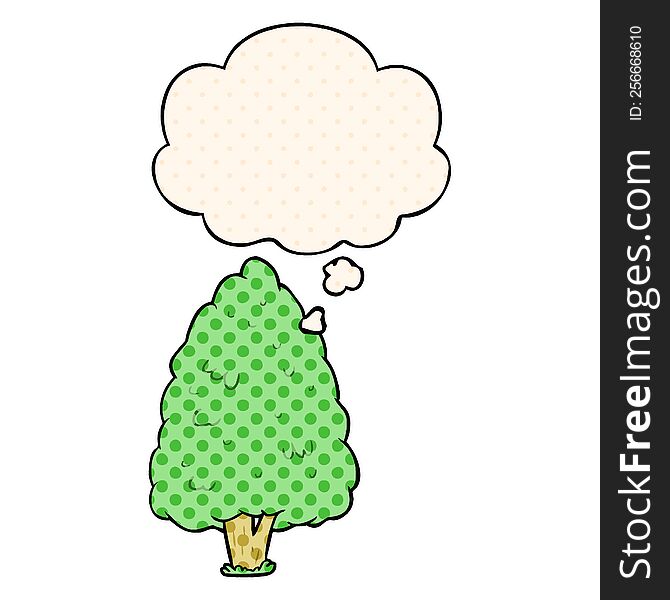 cartoon tall tree and thought bubble in comic book style