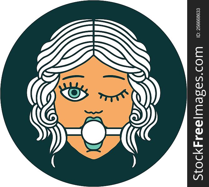 iconic tattoo style image of a winking female face wearing ball gag. iconic tattoo style image of a winking female face wearing ball gag