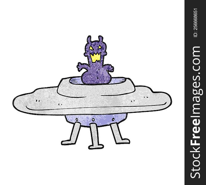 freehand textured cartoon alien in flying saucer