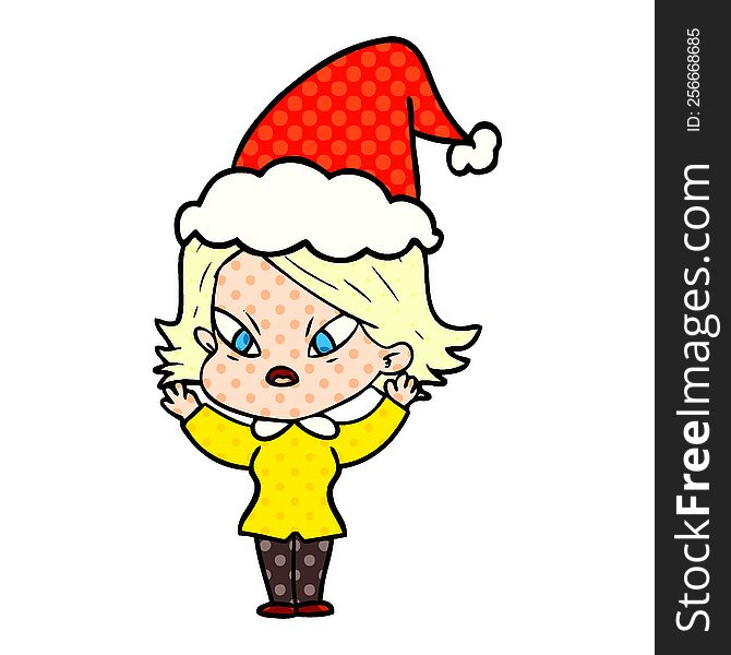 Comic Book Style Illustration Of A Stressed Woman Wearing Santa Hat
