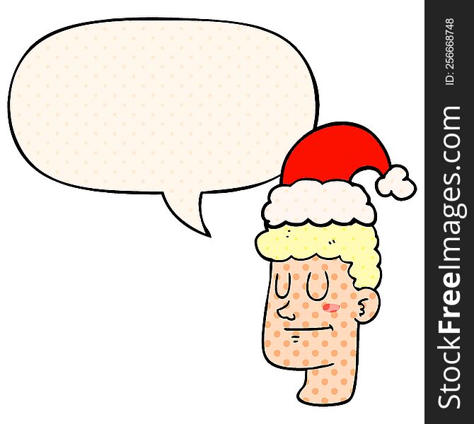 Cartoon Man Wearing Christmas Hat And Speech Bubble In Comic Book Style