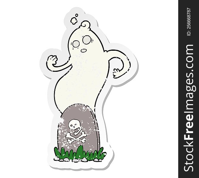 Distressed Sticker Of A Spooky Cartoon Grave With Rising Ghost