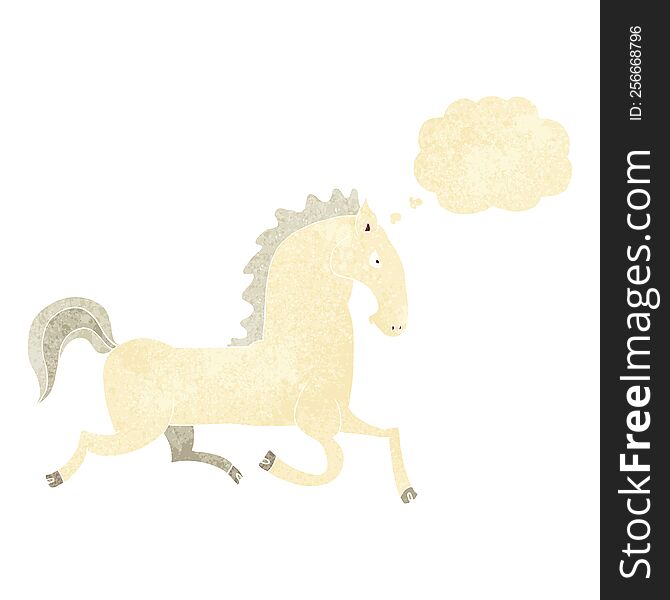 cartoon running white stallion with thought bubble