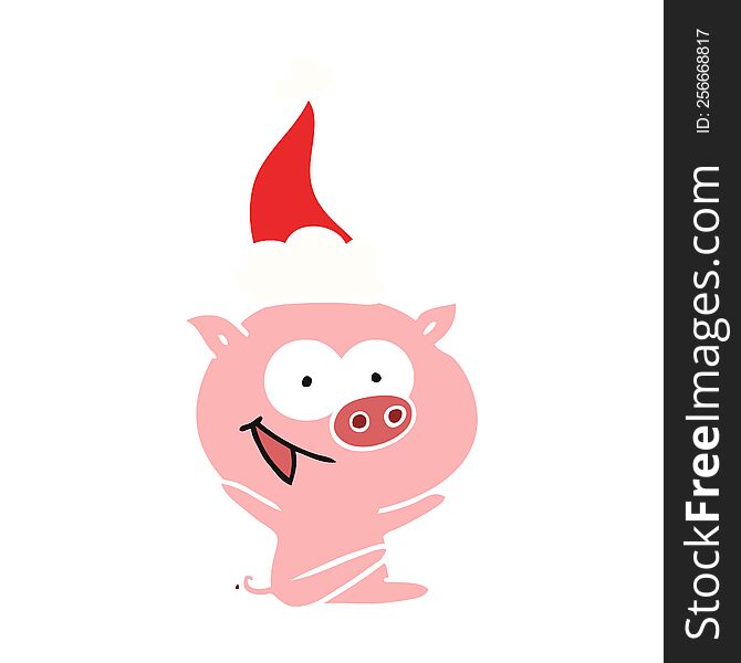 cheerful sitting pig hand drawn flat color illustration of a wearing santa hat