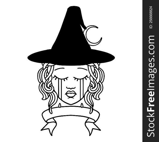 Black and White Tattoo linework Style crying human witch with banner. Black and White Tattoo linework Style crying human witch with banner