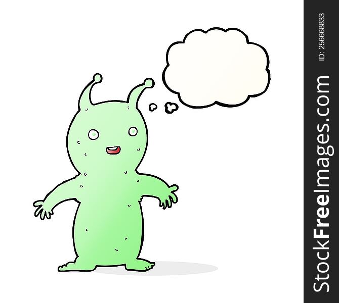 cartoon happy little alien with thought bubble