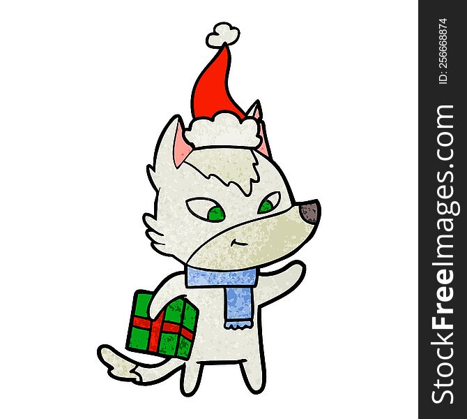 Friendly Textured Cartoon Of A Christmas Wolf Wearing Santa Hat