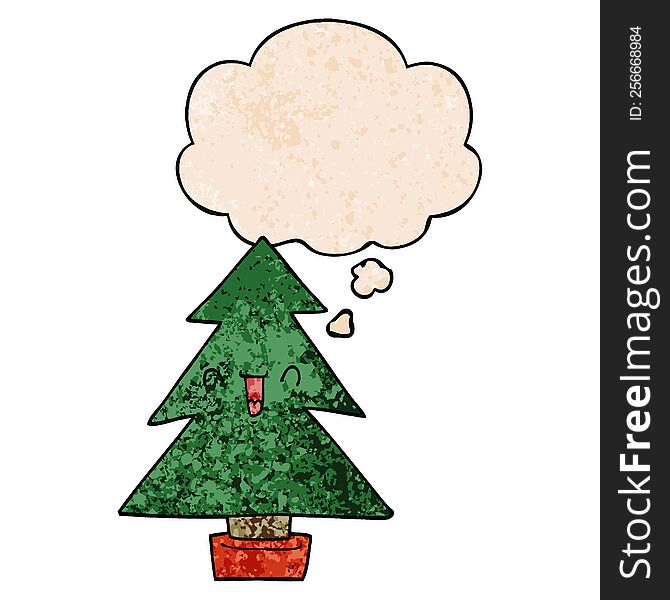 Cartoon Christmas Tree And Thought Bubble In Grunge Texture Pattern Style