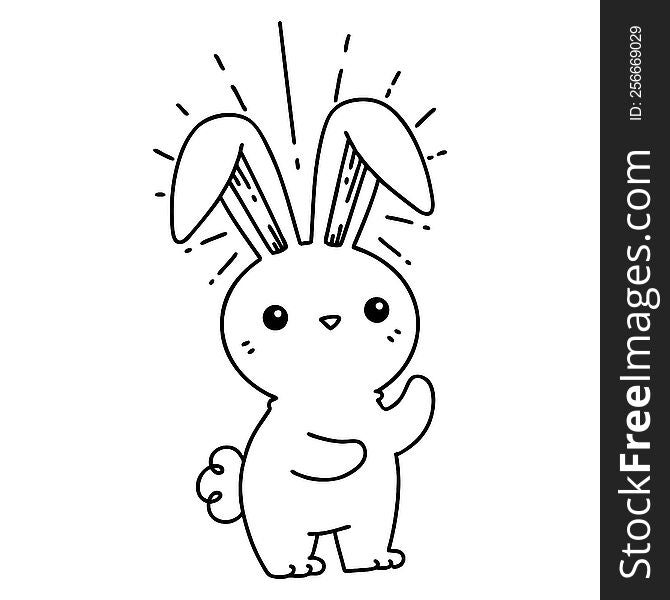 illustration of a traditional black line work tattoo style cute bunny