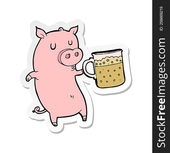 sticker of a cartoon pig with beer