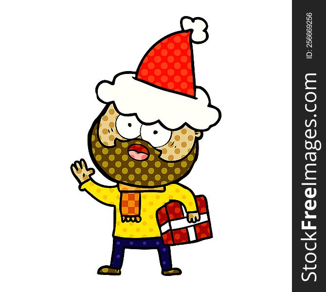 hand drawn comic book style illustration of a bearded man with present wearing santa hat