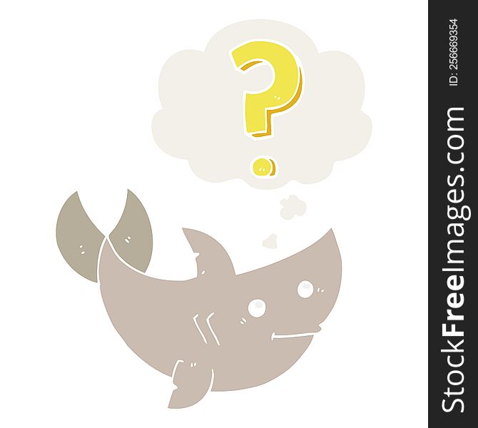 cartoon shark asking question with thought bubble in retro style