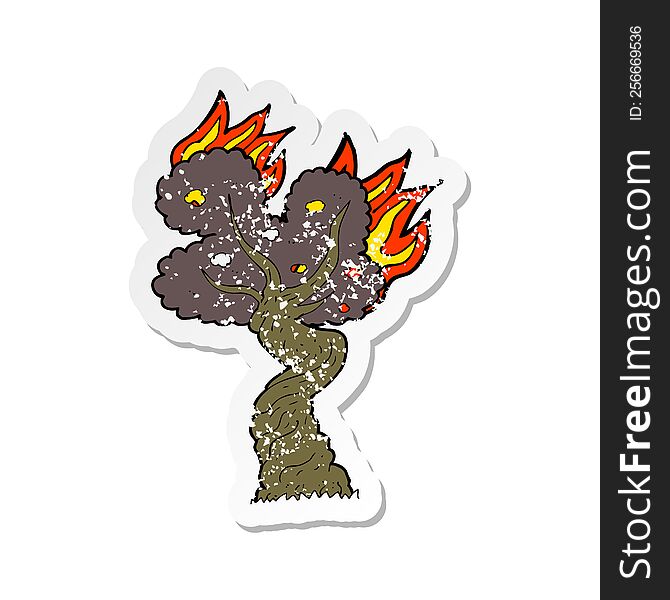 retro distressed sticker of a cartoon burning old tree