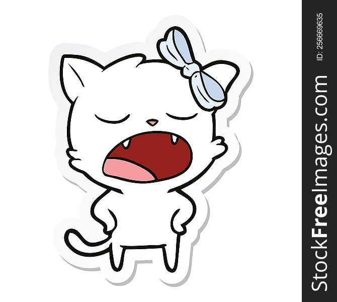 Sticker Of A Cartoon Yawning Cat