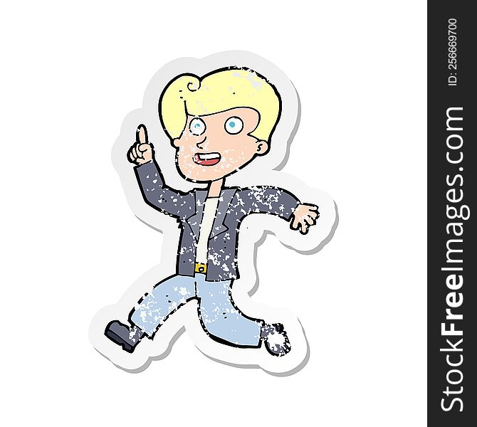 Retro Distressed Sticker Of A Cartoon Man With Great Idea
