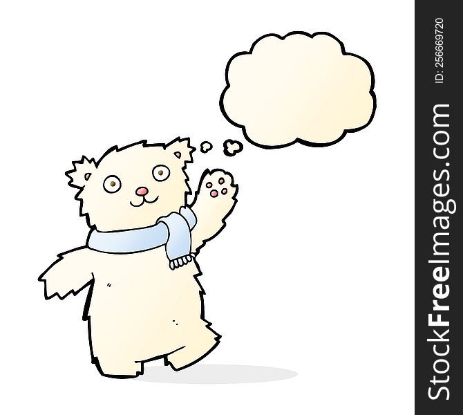 cartoon teddy bear wearing scarf with thought bubble