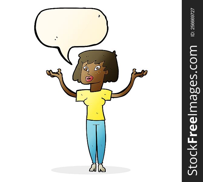 cartoon woman holding up hands with speech bubble