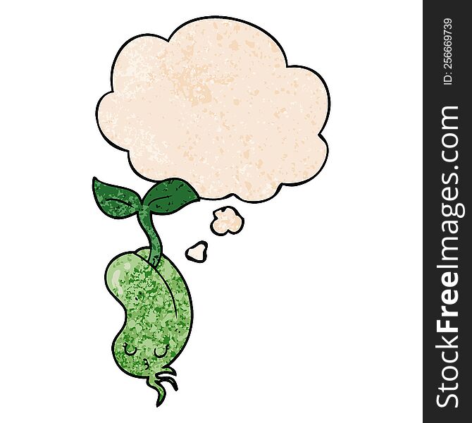 cartoon sprouting bean with thought bubble in grunge texture style. cartoon sprouting bean with thought bubble in grunge texture style