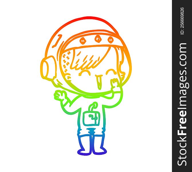 rainbow gradient line drawing of a cartoon laughing astronaut girl