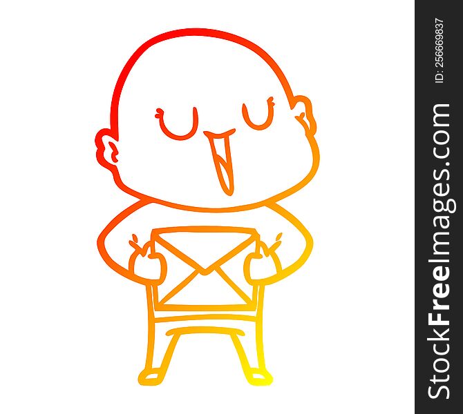 warm gradient line drawing of a happy cartoon bald man with package