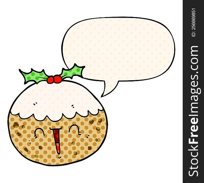 cute cartoon christmas pudding with speech bubble in comic book style