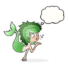 Cartoon Mermaid Blowing A Kiss With Thought Bubble Royalty Free Stock Photography