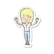 Retro Distressed Sticker Of A Cartoon Woman Holding Up Hands Stock Photo