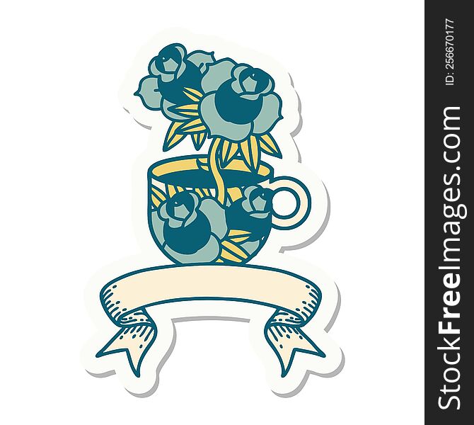 tattoo style sticker with banner of a cup and flowers