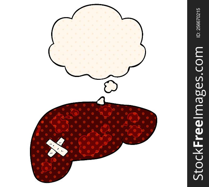 cartoon unhealthy liver with thought bubble in comic book style