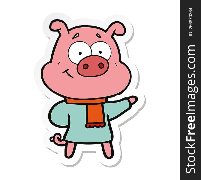 sticker of a happy cartoon pig wearing warm clothes