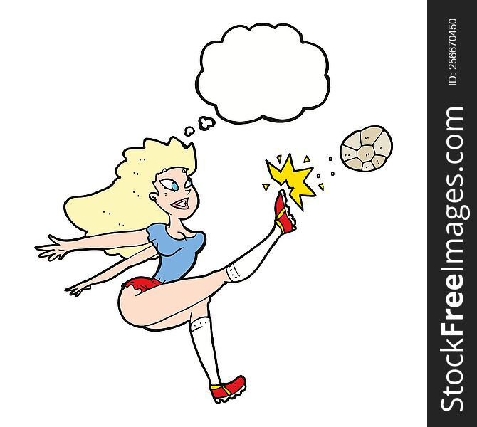 cartoon female soccer player kicking ball with thought bubble