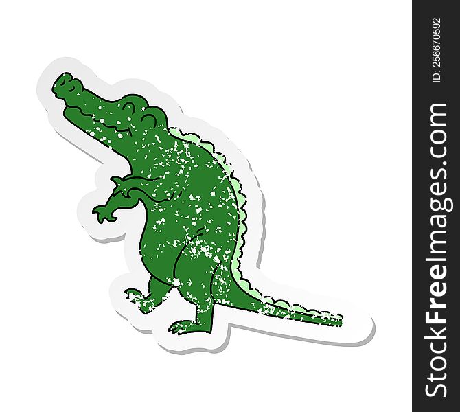 distressed sticker of a quirky hand drawn cartoon crocodile