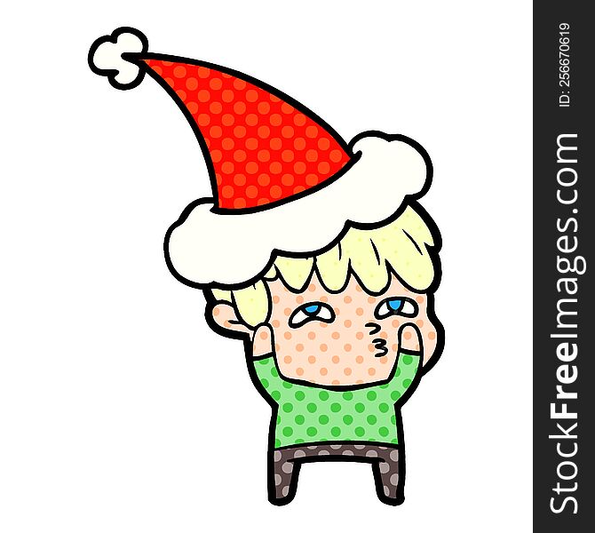 Comic Book Style Illustration Of A Curious Man Wearing Santa Hat