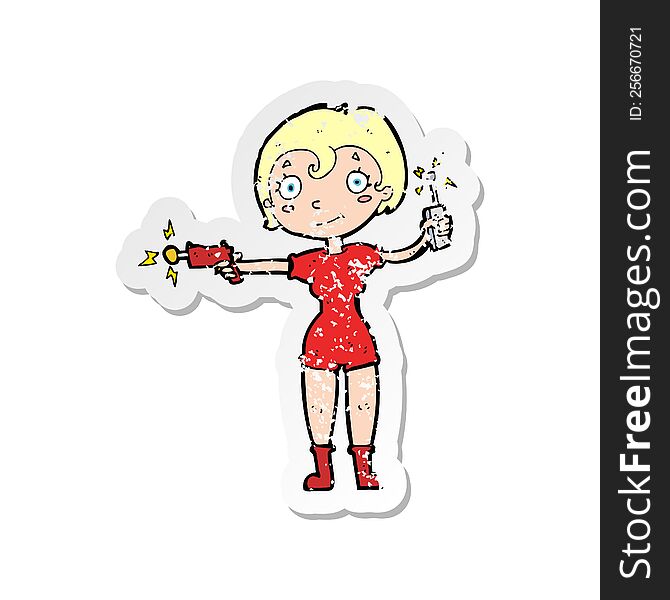 retro distressed sticker of a cartoon future space girl