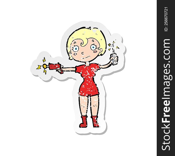 Retro Distressed Sticker Of A Cartoon Future Space Girl