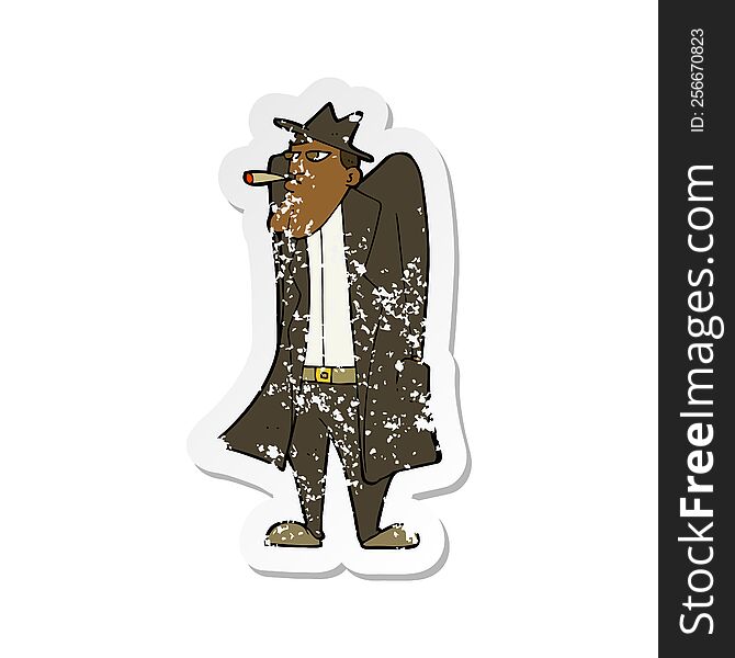 Retro Distressed Sticker Of A Cartoon Man In Hat And Trench Coat