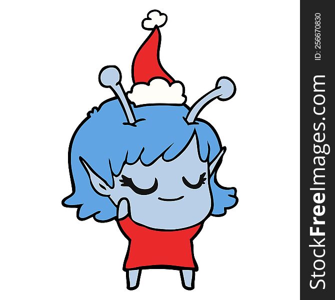 Smiling Alien Girl Line Drawing Of A Wearing Santa Hat