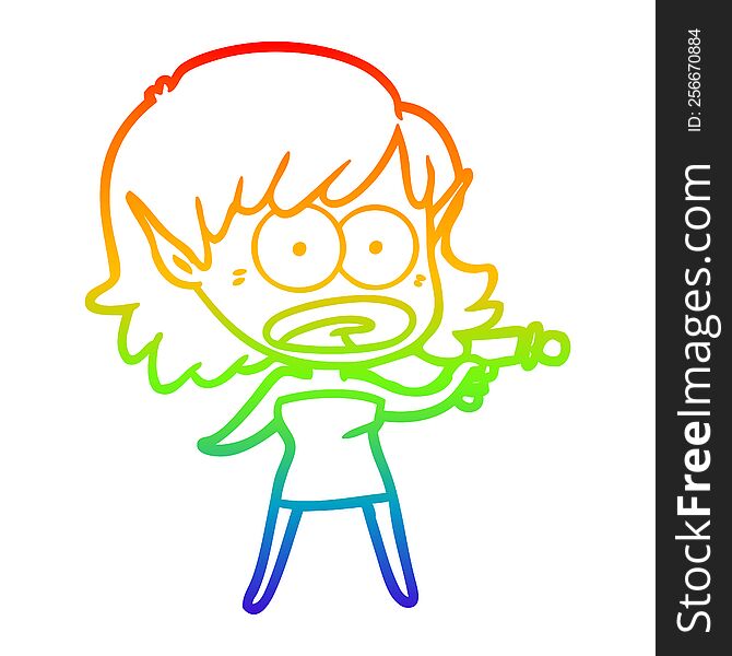 rainbow gradient line drawing of a cartoon shocked alien girl with ray gun