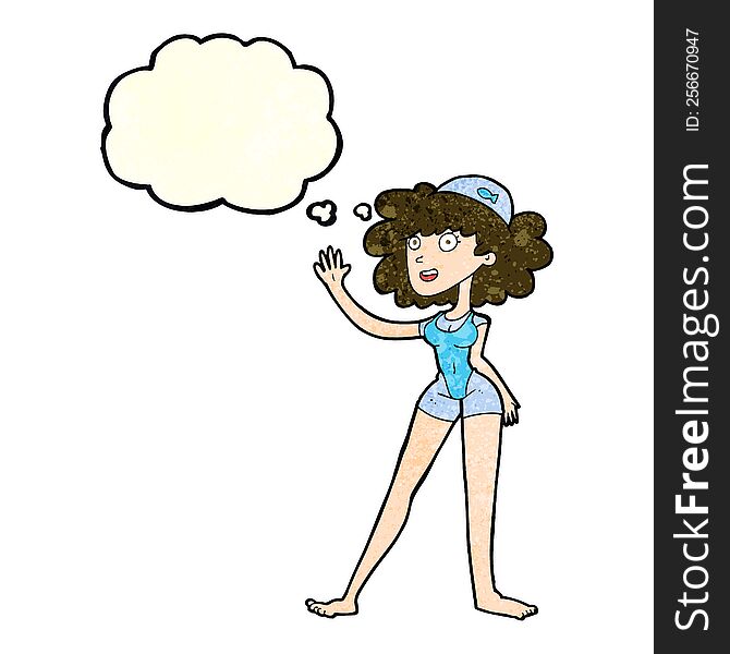 cartoon swimmer woman with thought bubble