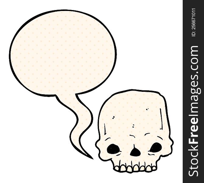 cartoon spooky skull with speech bubble in comic book style