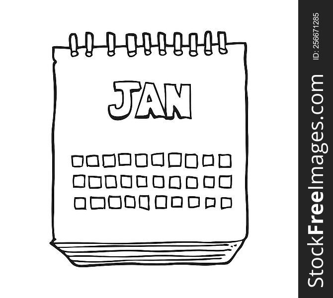 freehand drawn black and white cartoon calendar showing month of january