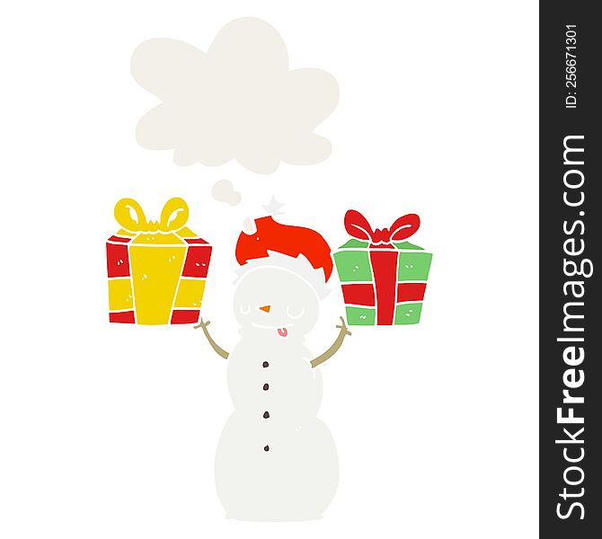 cartoon snowman with present with thought bubble in retro style